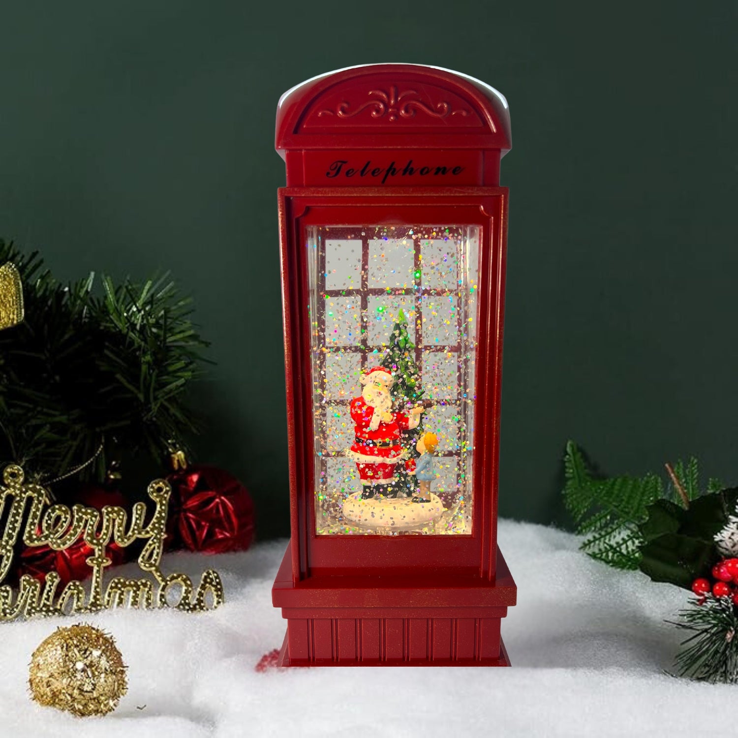 Коледно преспапие с музика в стилна телефонна кабинка