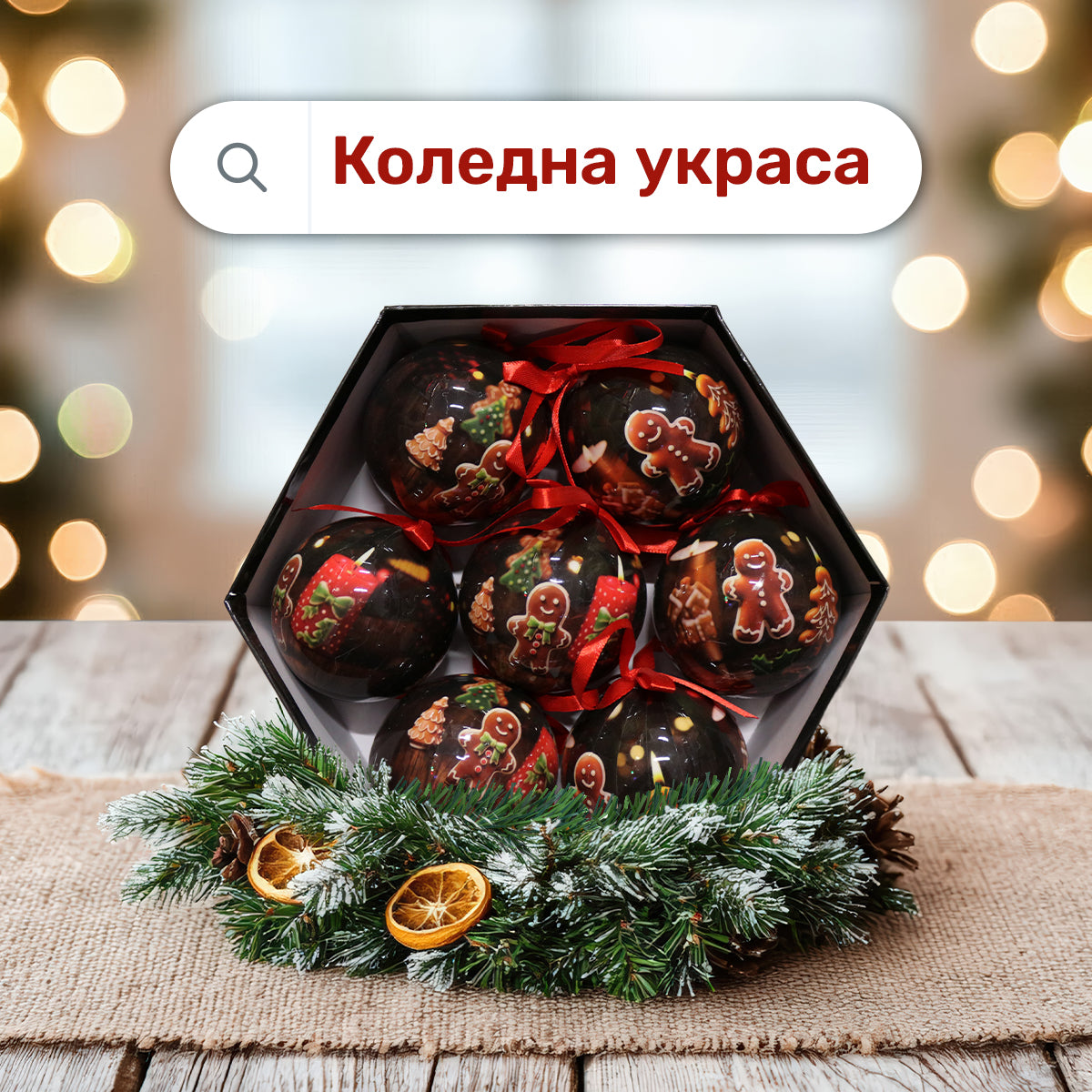 Луксозни коледни топки – комплект 7 бр. в подаръчна кутия | Бисквитка