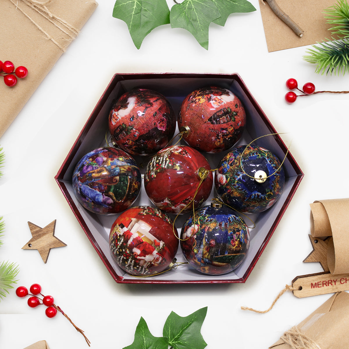 Луксозни коледни топки – комплект 7 бр. в подаръчна кутия | Дядо Коледа Микс