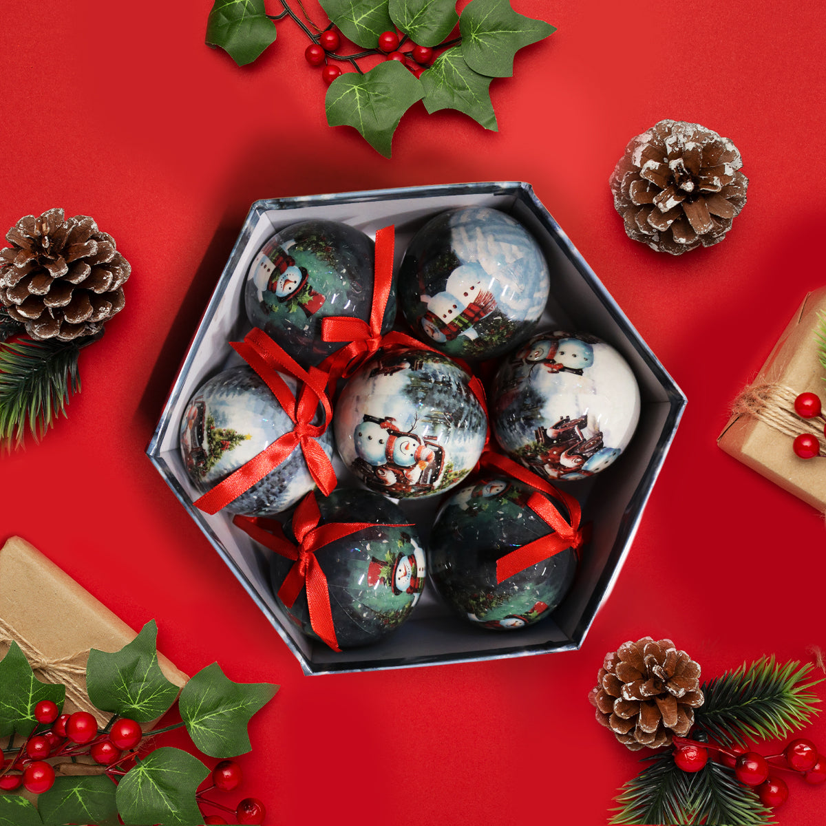 Луксозни коледни топки – комплект 7 бр. в подаръчна кутия | Снежен човек