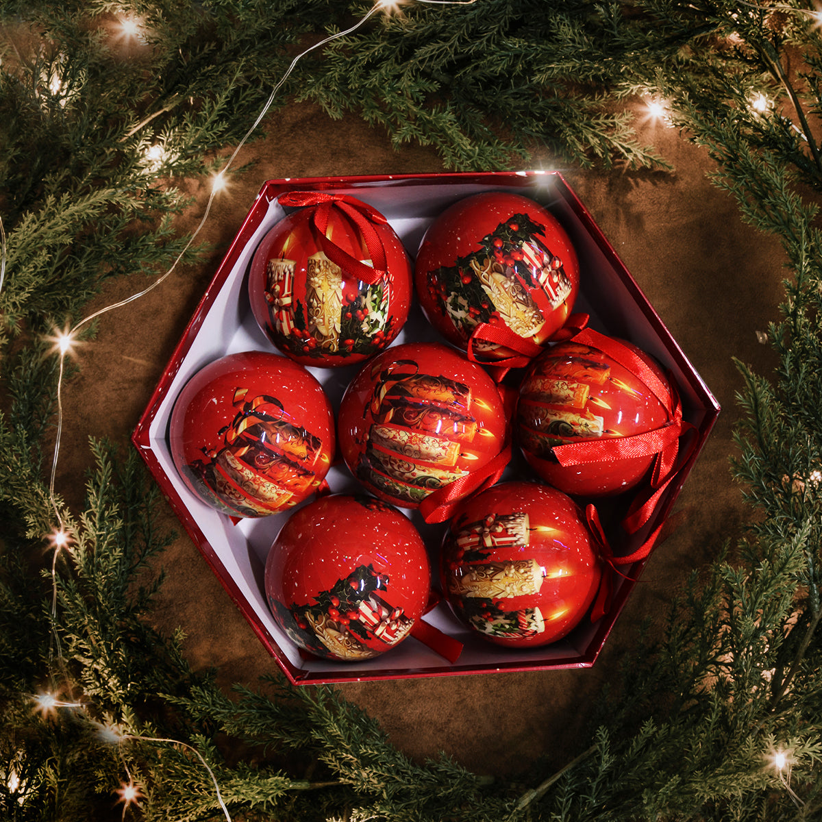 Луксозни коледни топки – комплект 7 бр. в подаръчна кутия | Свещи