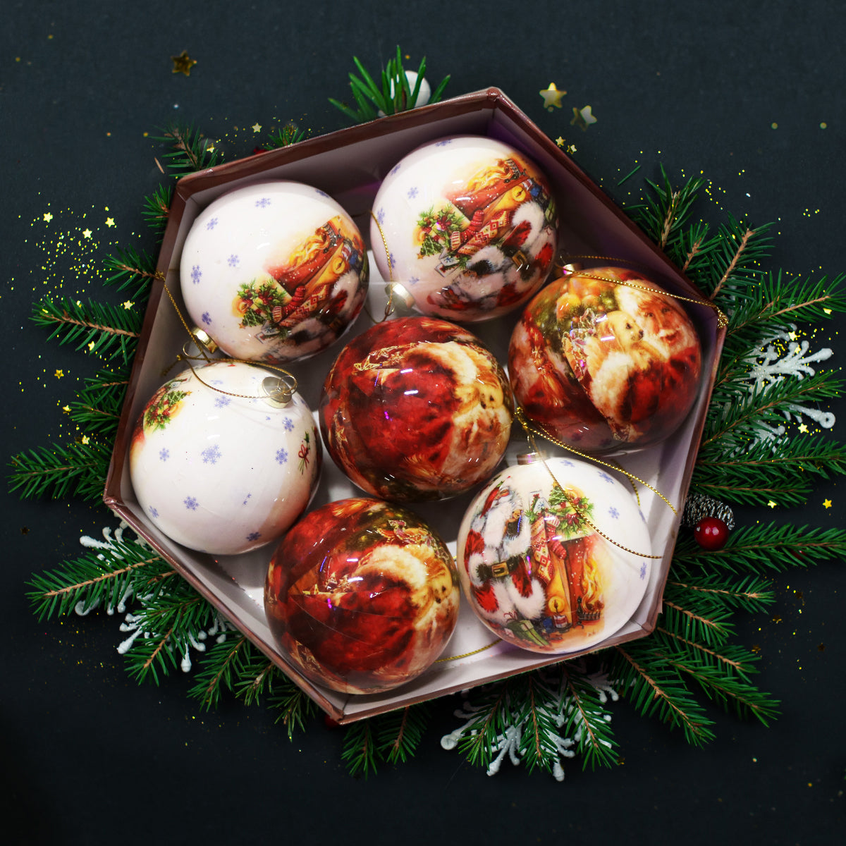 Луксозни коледни топки – комплект 7 бр. в подаръчна кутия | Дядо Коледа Бели и Червени