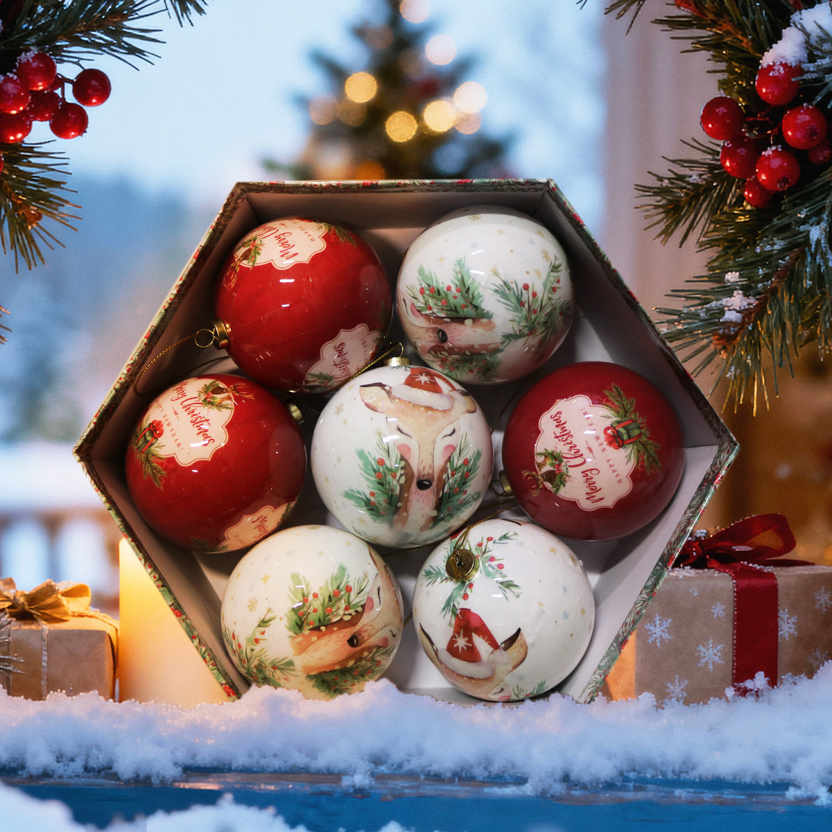 Луксозни коледни топки – комплект 7 бр. в подаръчна кутия | Микс Бели и Червени